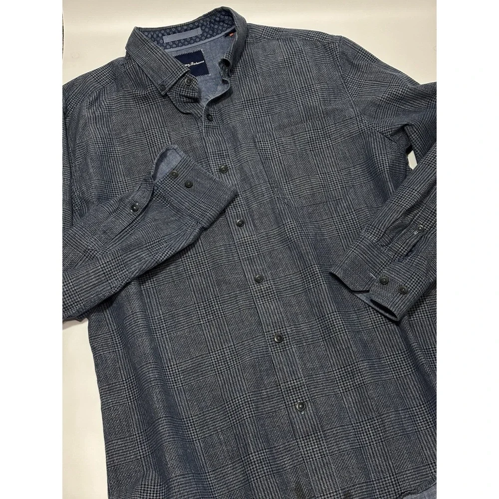 Tommy Bahama Dress Shirt L  Blue Plaid L/S Button Down Linen‎ Cotton Beach